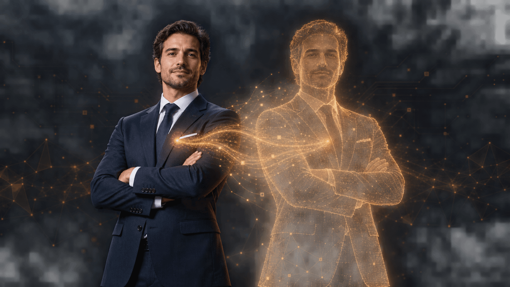 A businessman standing beside a glowing amber wireframe hologram of himself — his digital twin
